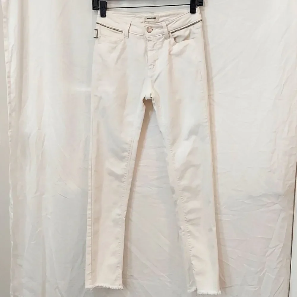 Zadig & Voltaire Eva Cher Moto Zipper Raw Hem Skinny Jeans Sz 24